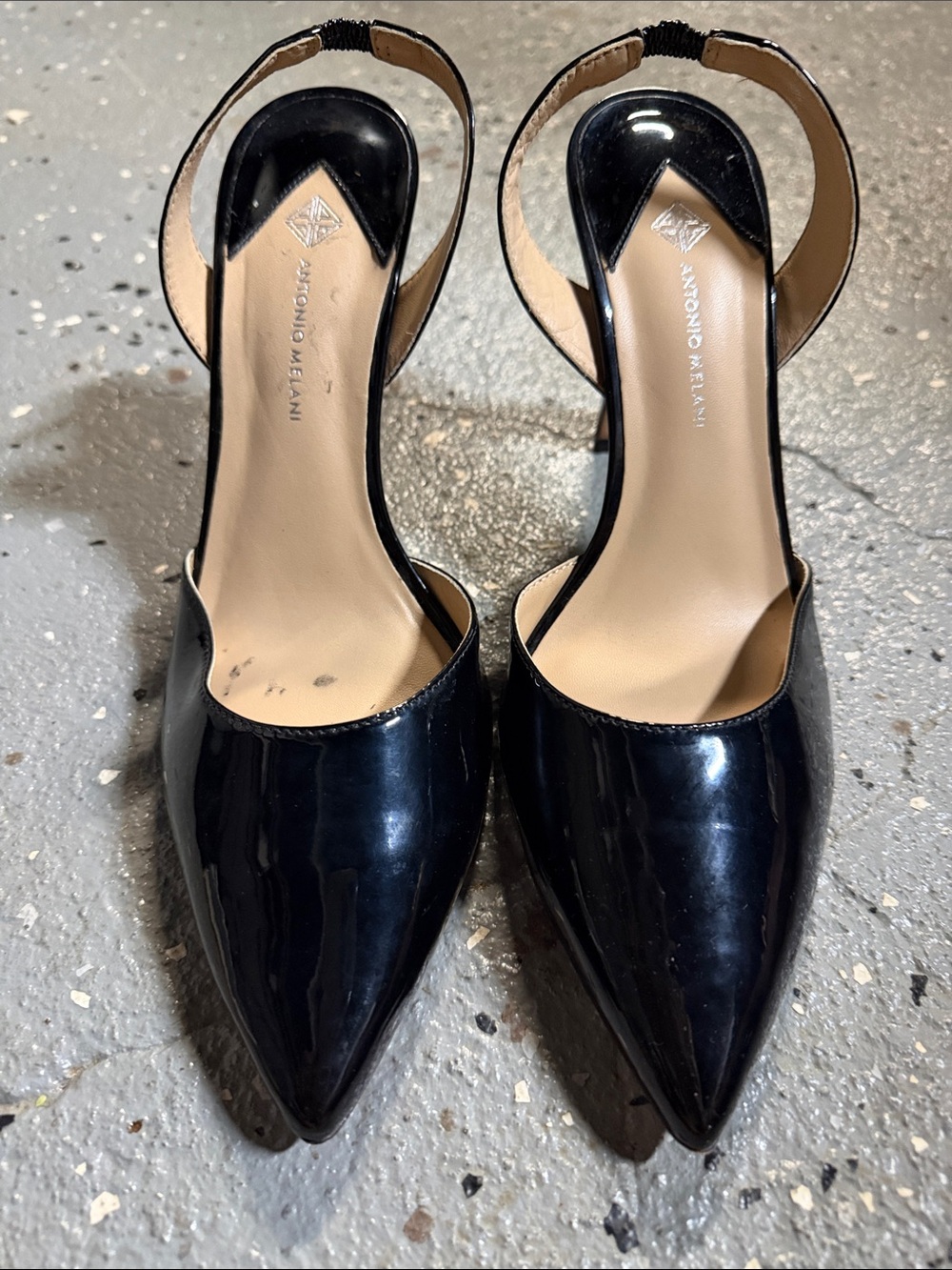 ANTONIO MELANI Black Patent Pointed Slingback Heels